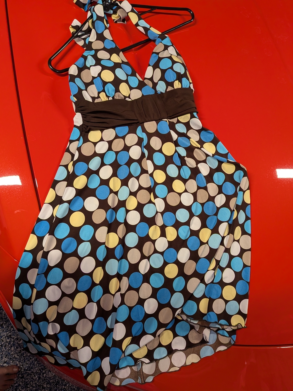 Vintage Polka Dot Halter Sundress in Black with Blue, Yellow, and White Dots
